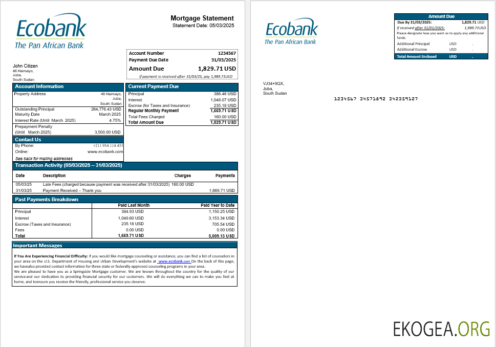 Relevé hypothécaire de la banque Ecobank du Soudan du Sud aux formats Word et PDF